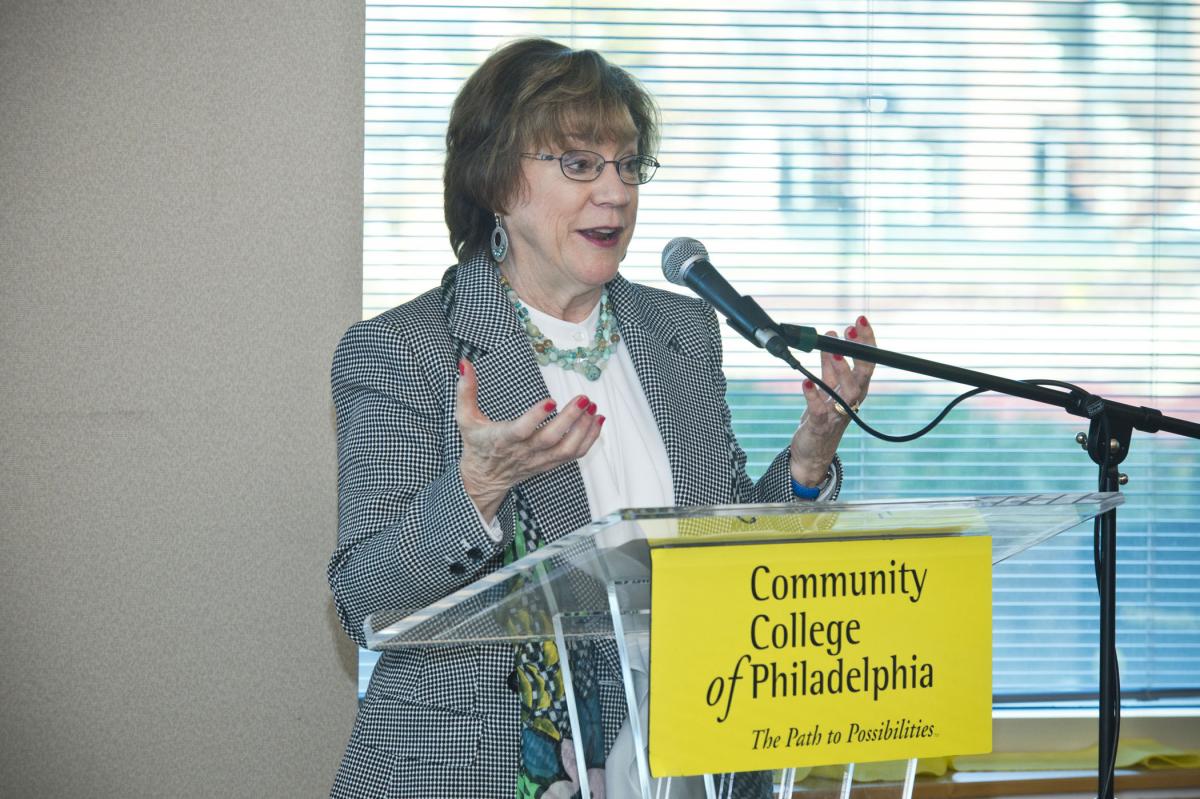 Carole Haas Gravagno delivers remarks during the Community College of Philadelphia's 2016 Judge Edward R. Becker Citizenship Award breakfast. Carole Haas Gravagno delivers remarks during the Community College of Philadelphia's 2016 Judge Edward R. Becker Citizenship Award breakfast.