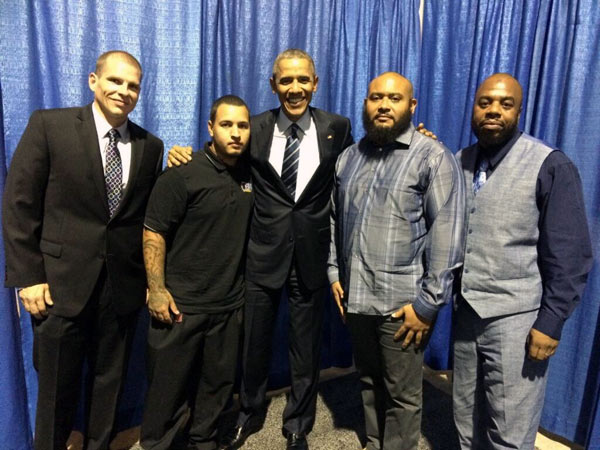 <i>Jeffrey Copeland (far left) and other ex-offenders met President Obama (center) at the NAACP convention. (Photo courtesy of Jeffrey Copeland)</i> <i>Jeffrey Copeland (far left) and other ex-offenders met President Obama (center) at the NAACP convention. (Photo courtesy of Jeffrey Copeland)</i>