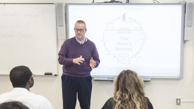 A teacher demonstrates a literary technique to a classroom.