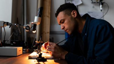 Engineer seated at table focuses while working on machinery