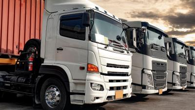 Line of parked large trucks.