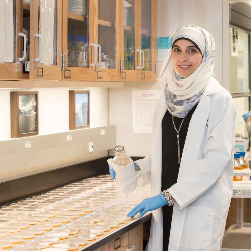 A biologist works with samples in a lab.