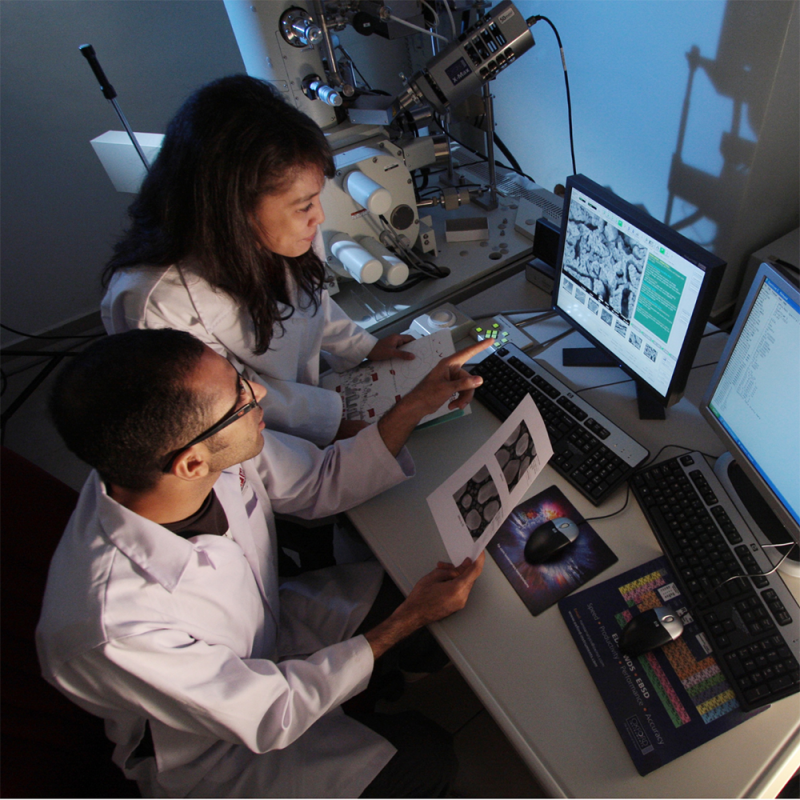 workers in a biology lab review results on a computer