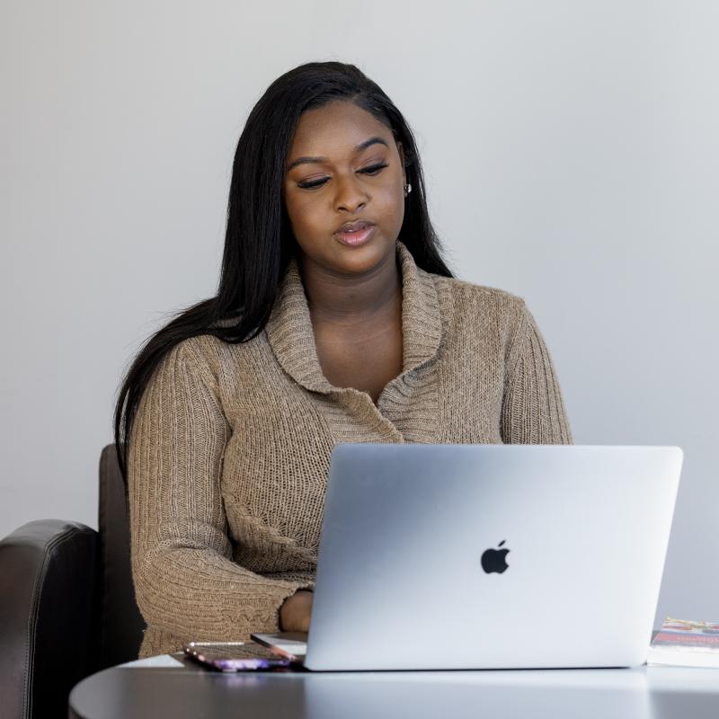 Woman works at a laptop computer.