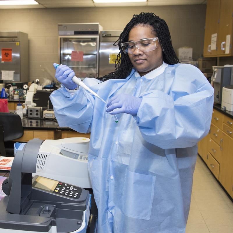 Technician uses a pipette to fill a test tube.