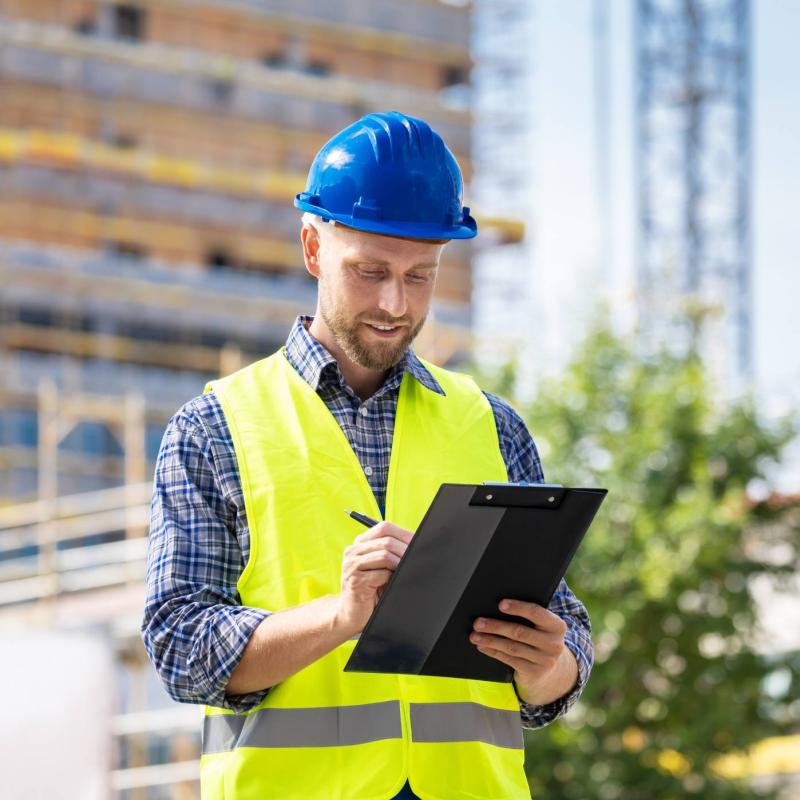 Person in safety gear writing notes