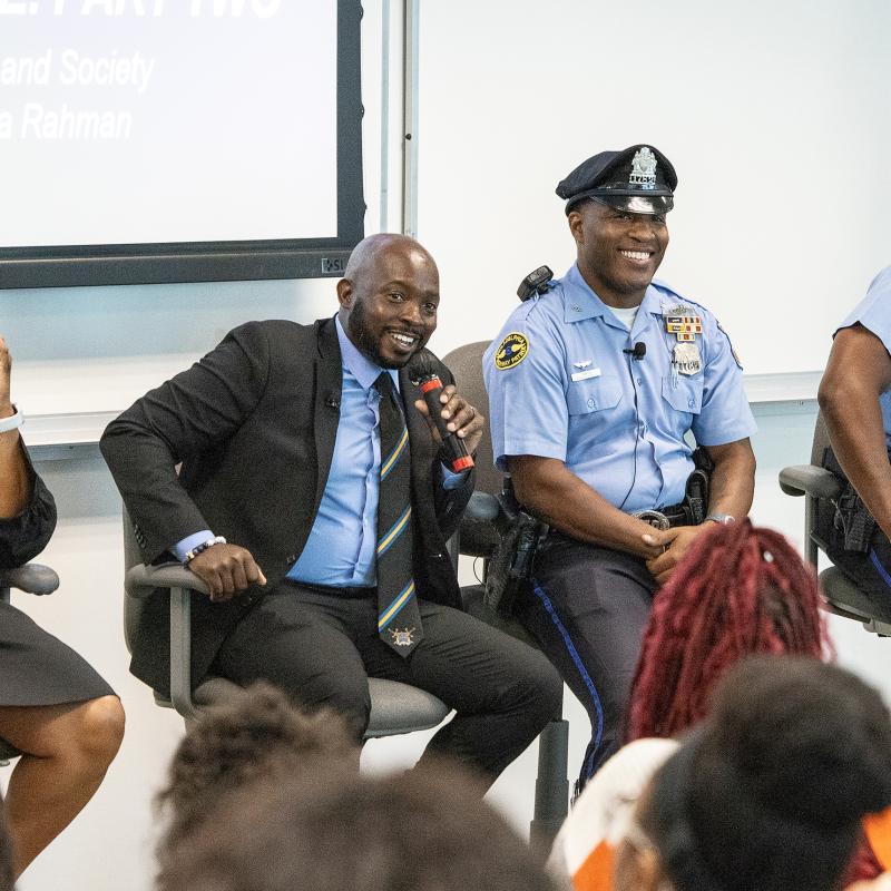 Police and officer talking to a class