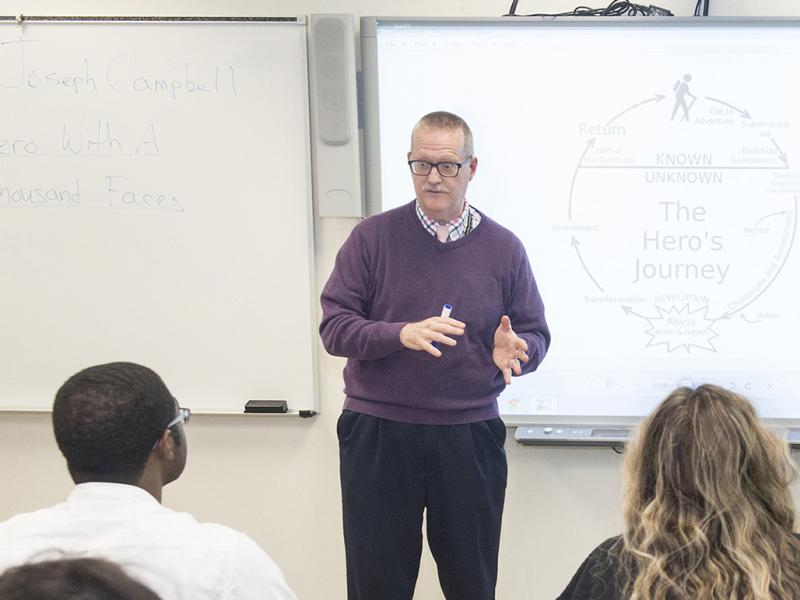 A teacher demonstrates a literary technique to a classroom.