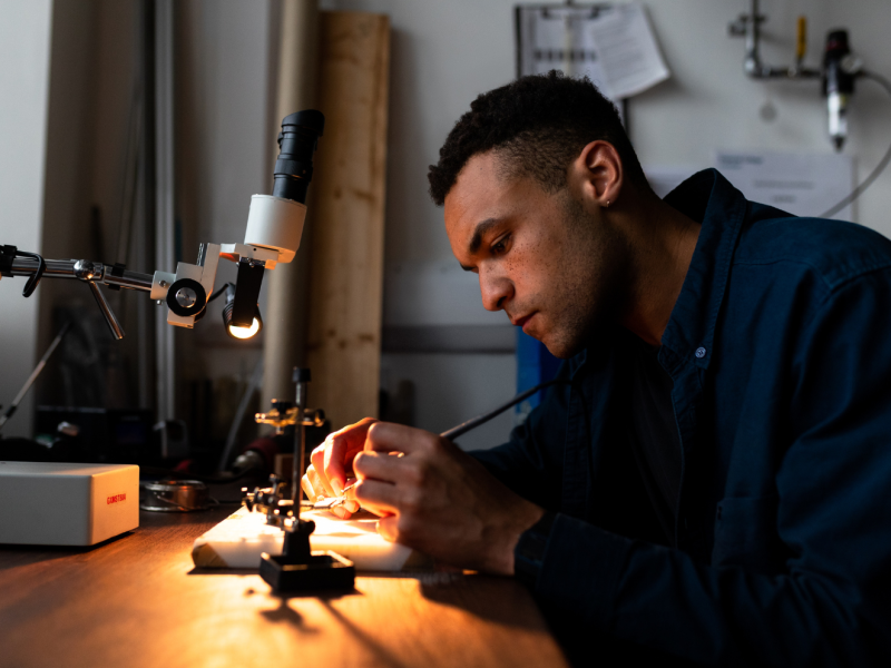 Engineer seated at table focuses while working on machinery