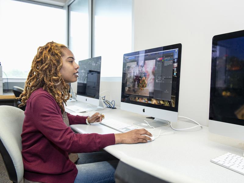 Student works at a computer in a computer lab.