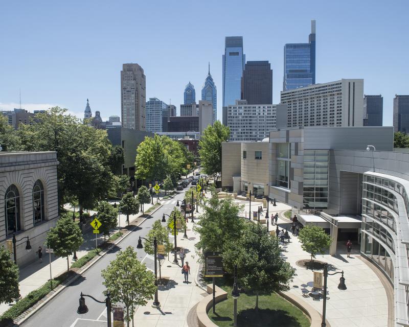 Community College of Philadelphia campus with Philly skyline
