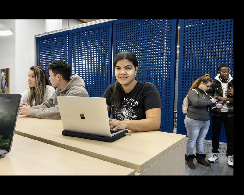 Student at laptop looks at the camera.