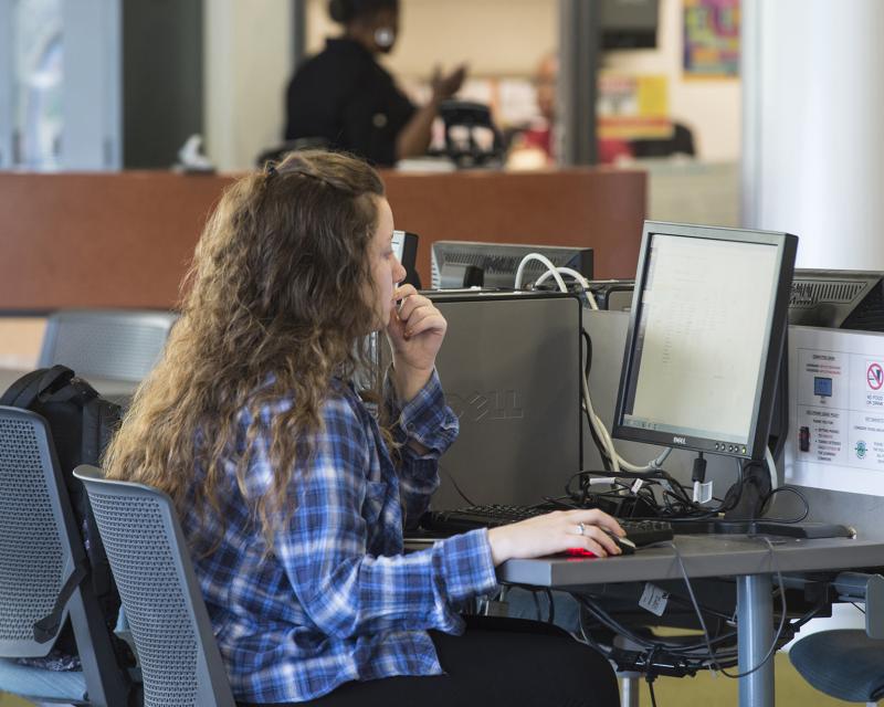 Student sitting working on a computer.