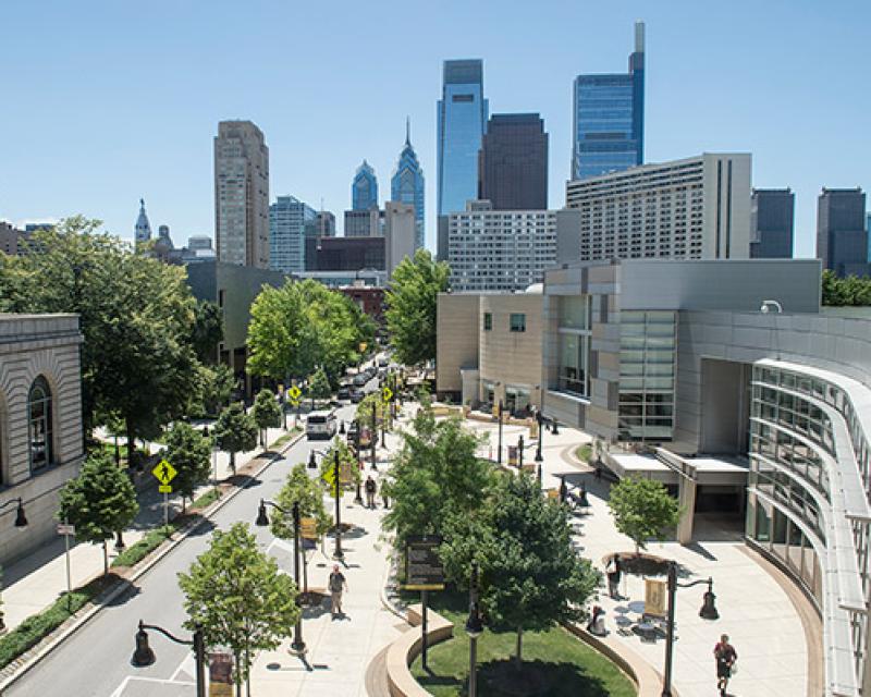 Community College of Philadelphia campus with city skyline