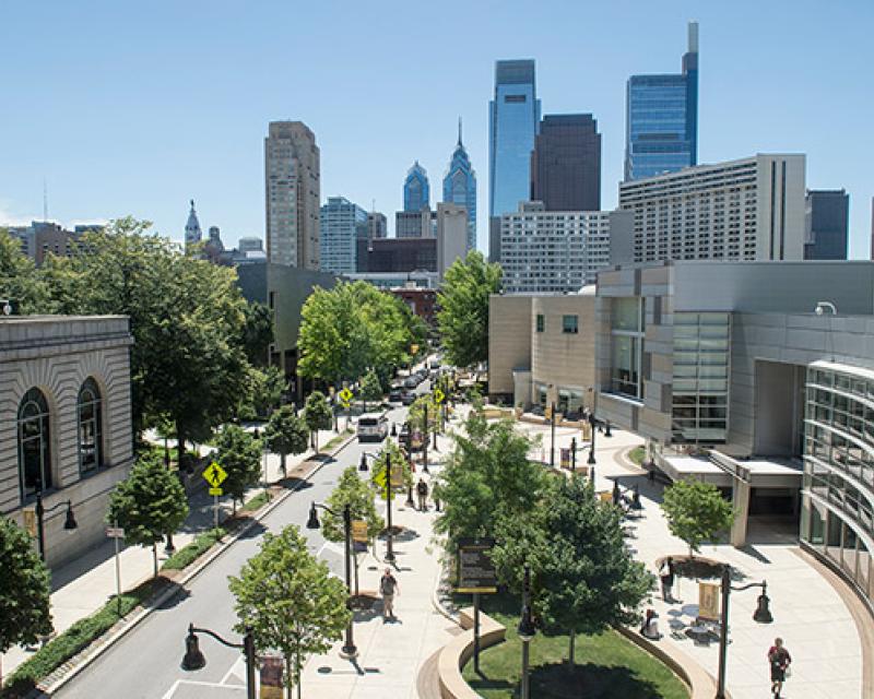 Community College of Philadelphia campus with city skyline